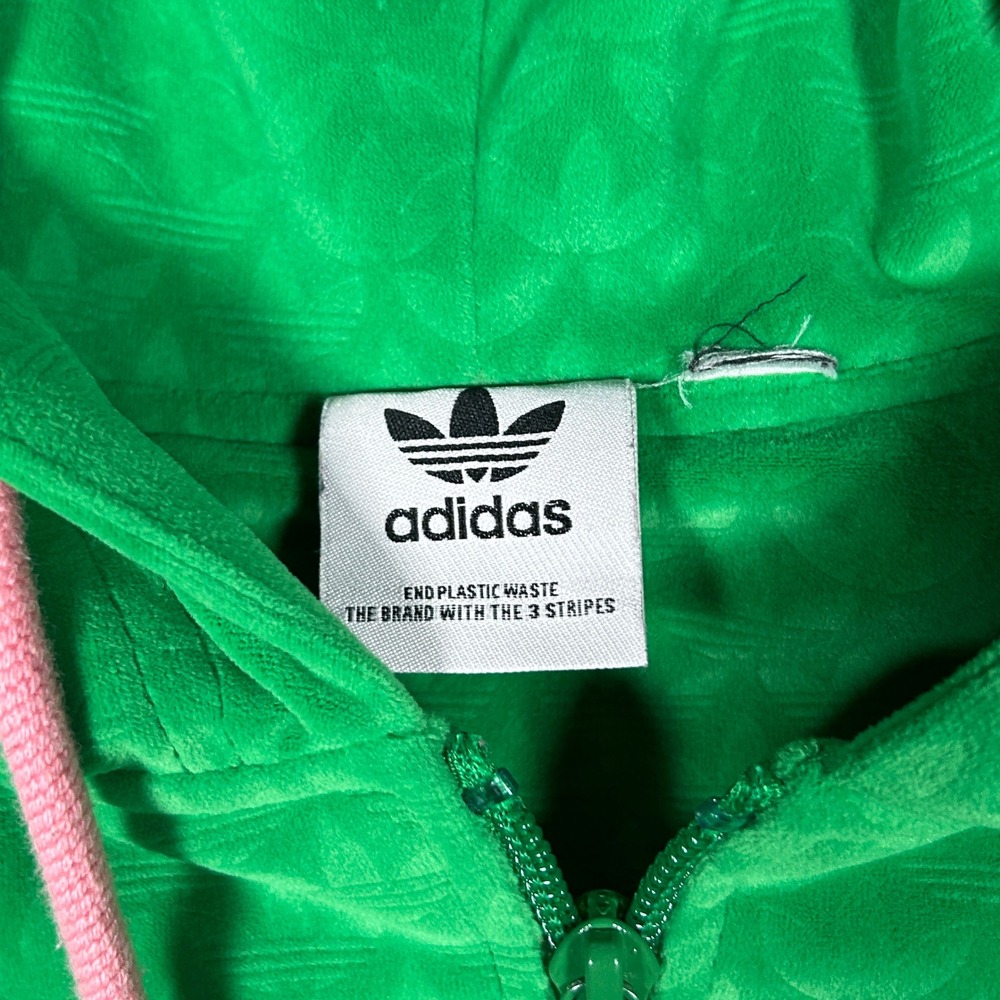 Adidas Hoodie Womens Large Green Monogram Velour Full Zip Trefoil Logo - Picture 9 of 15